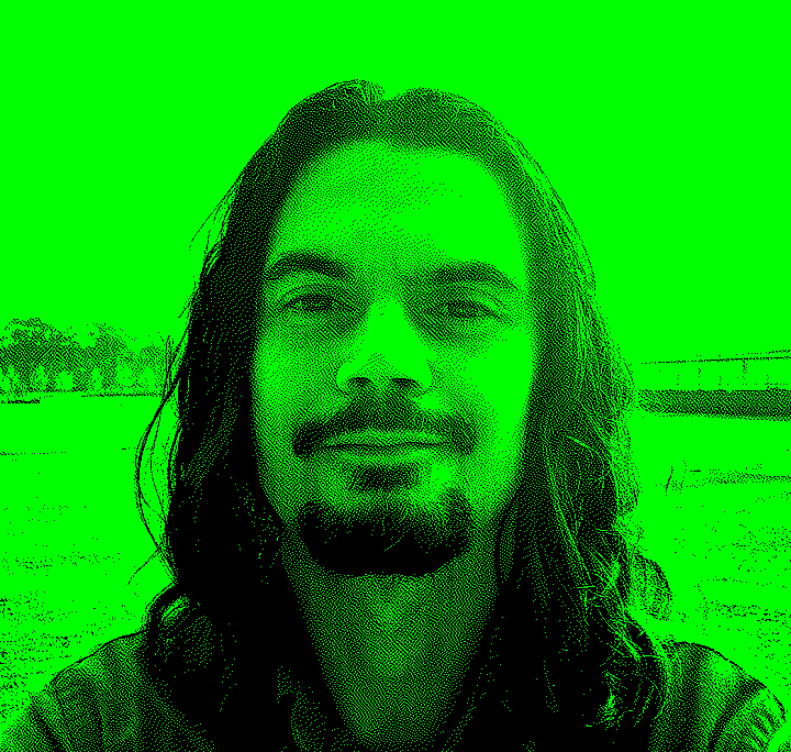 A person with long dark hair and an anchor beard is smiling slightly while standing outdoors on a sunny day. The background features a grassy field and a clear sky.