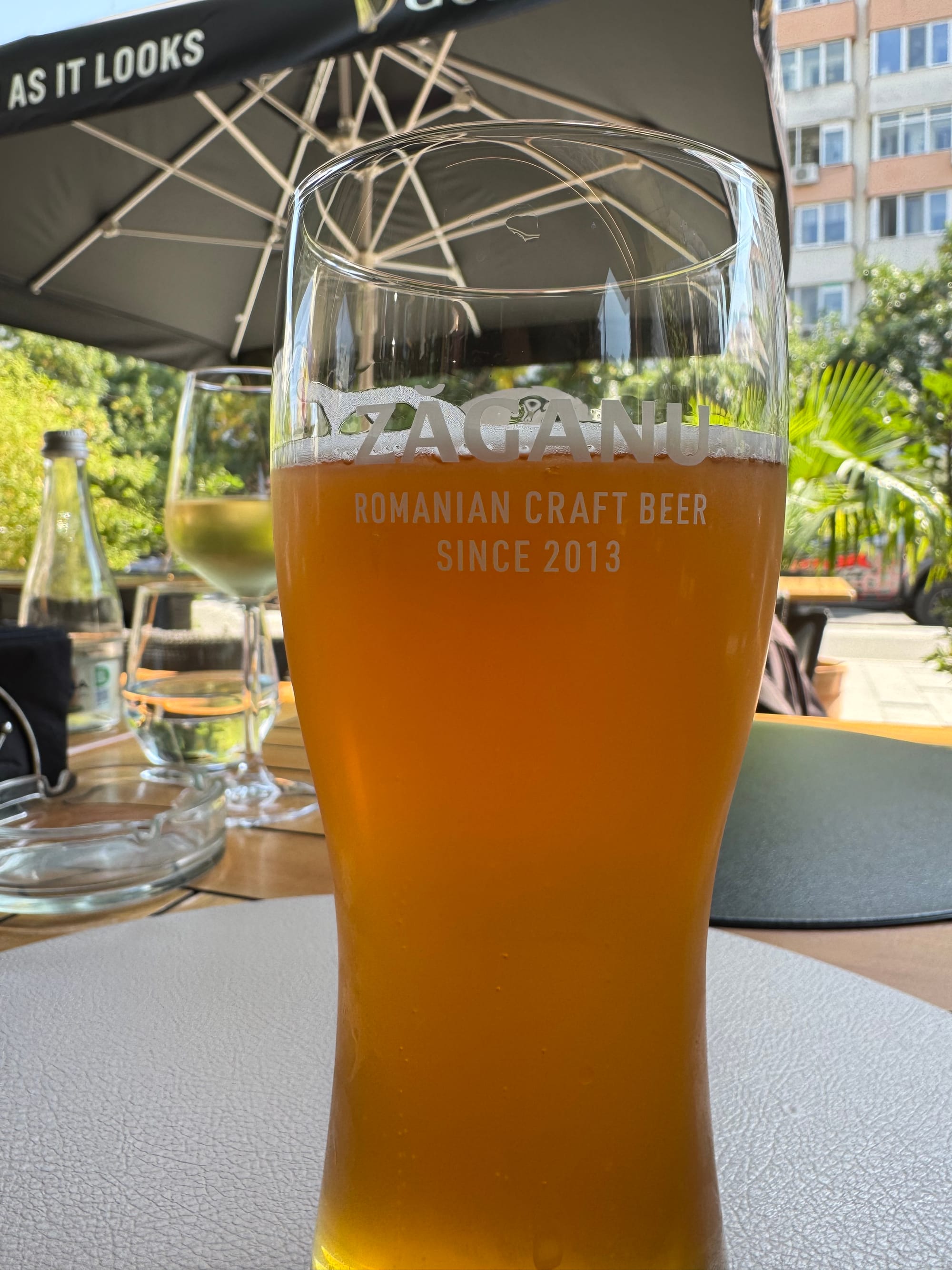 A tall pint glass of hazy amber beer on an outdoor café table. The glass reads “Zăganu – Romanian Craft Beer – Since 2013.” Behind it are a wine glass, a bottle of water, an ashtray, and a black patio umbrella. Sunlit trees and a block of apartments are in the background.