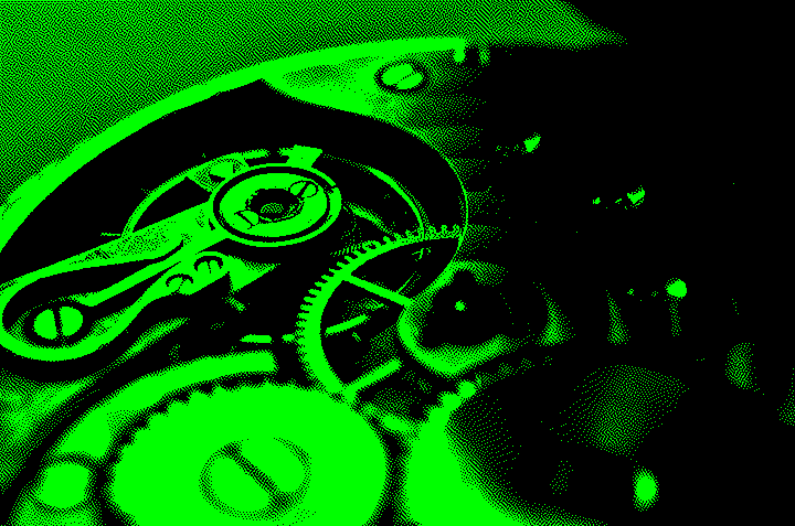 Close-up of watch gears and mechanical parts.