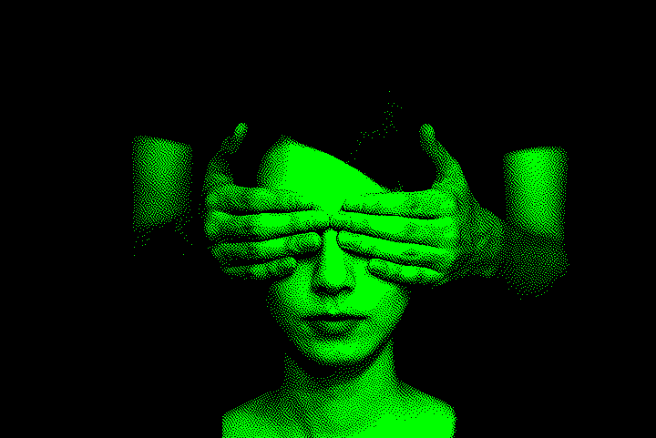 A person with their eyes gently covered by another person's hands, creating a mysterious and introspective atmosphere. The background is dark, highlighting the focus on the individuals.