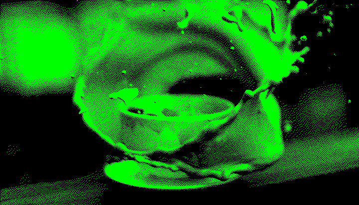 A coffee splash erupting from a cup, forming an artistic arc with droplets in mid-air. The focus is on the motion and energy, with a blurred background suggesting an outdoor setting.