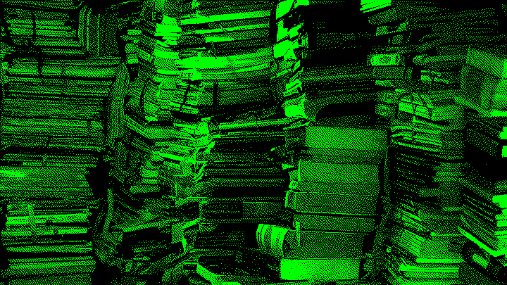 Stacks of books and papers piled high, bound with strings, creating a cluttered and chaotic scene. The image conveys a sense of overwhelming accumulation and lack of organization.