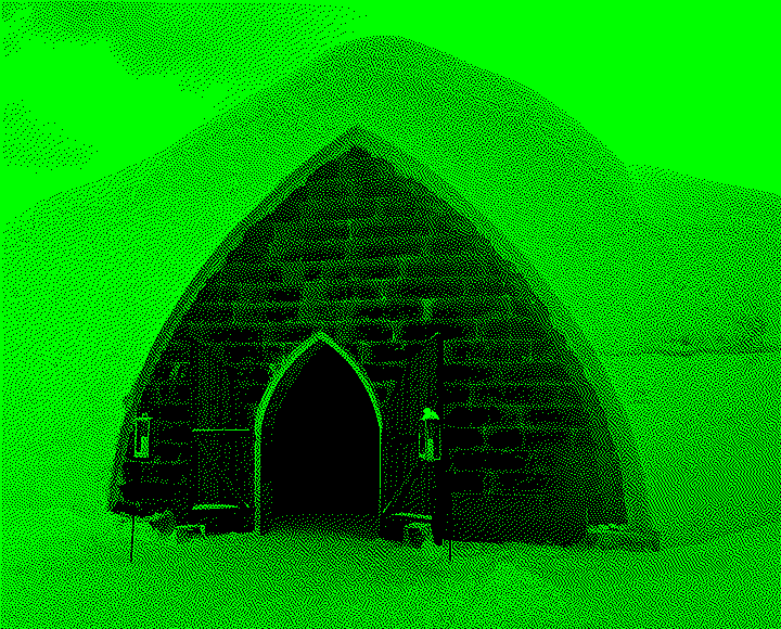 Entrance of an igloo or ice building with wooden doors.